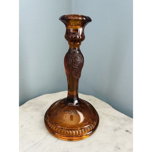 Vintage 8.5” T Tierra Amber Brown Press Cut Glass Candlestick Holder Home Decor - Picture 7 of 16